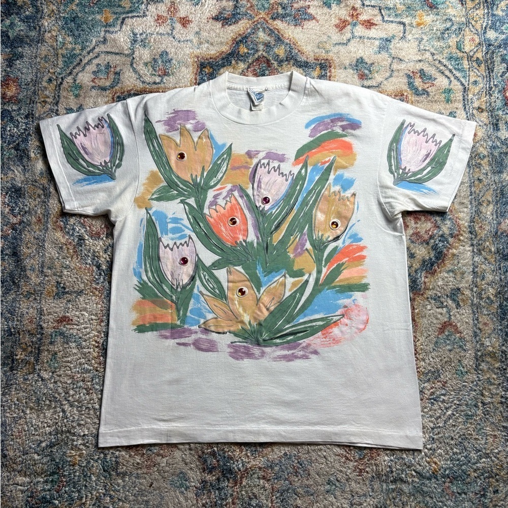 Vintage Painted Floral Bedazzled T-shirt Size XL
